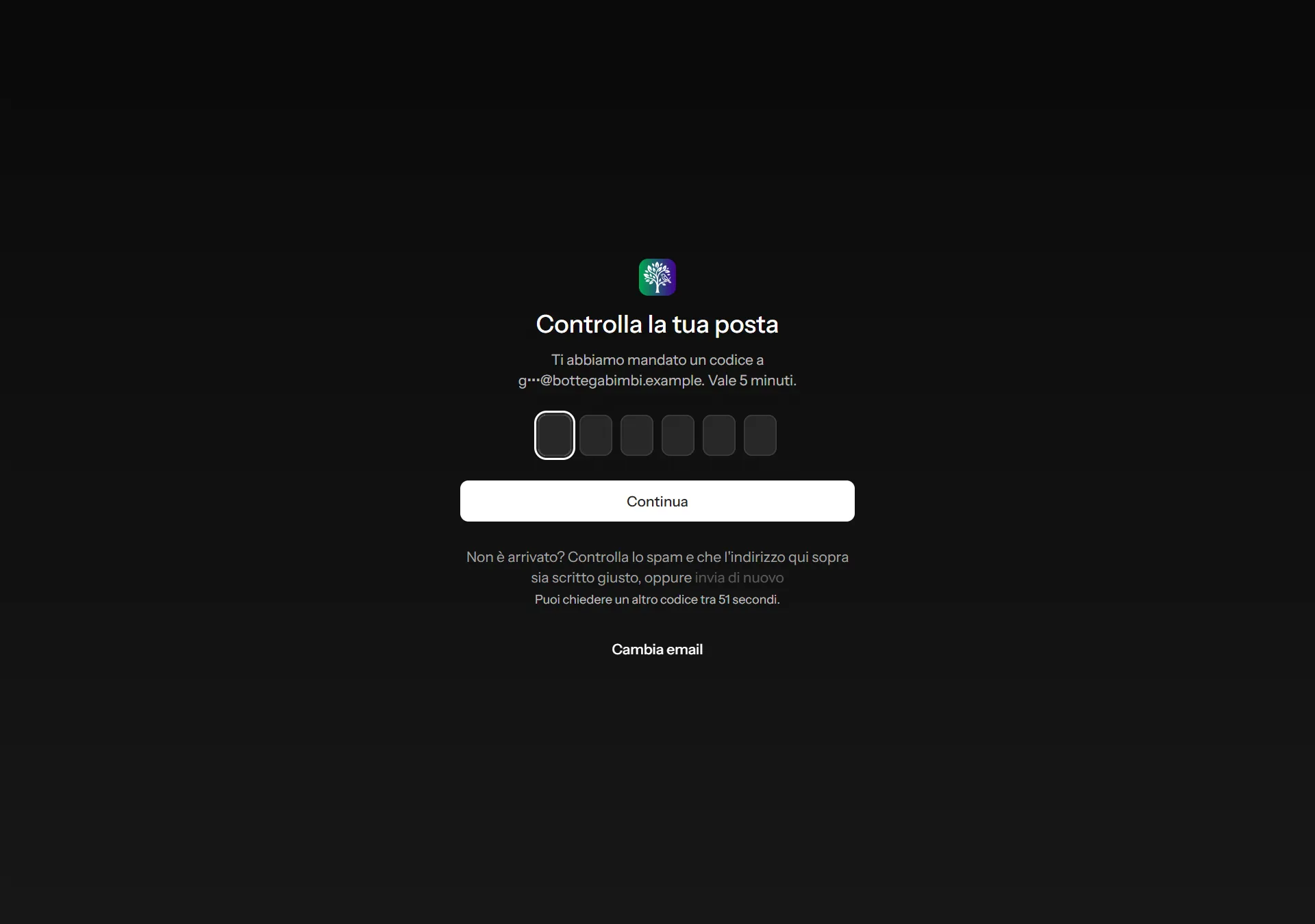 La schermata del codice ricevuto per email, con l'indirizzo in forma coperta e il conto alla rovescia