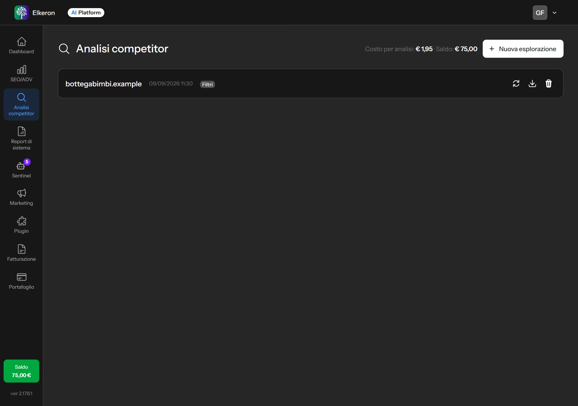 La pagina di partenza dell'analisi competitor: il costo, il saldo e lo storico delle analisi già fatte