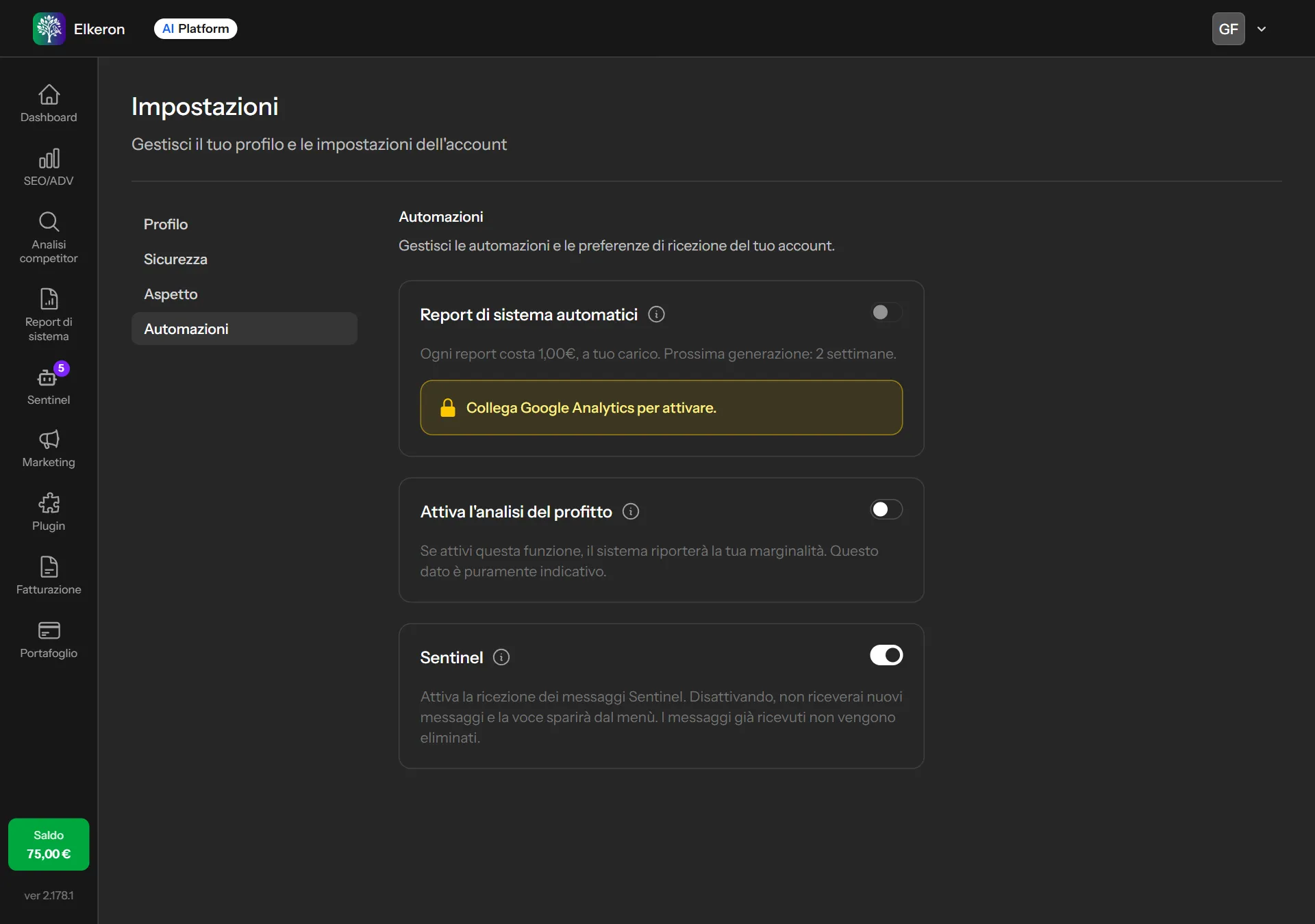 Le impostazioni delle automazioni, con il costo di un report automatico