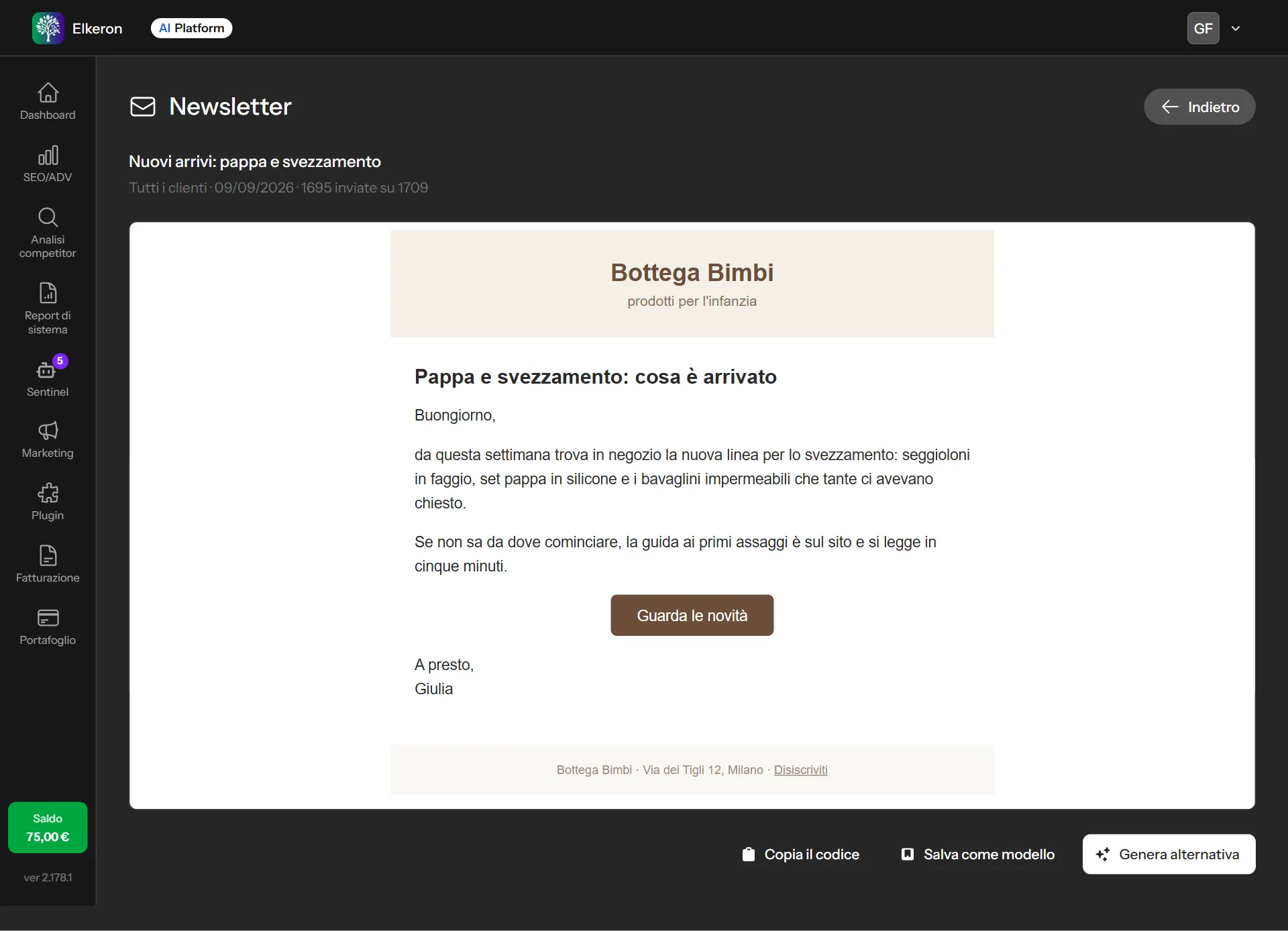 La pagina di una newsletter, con l'anteprima e i comandi