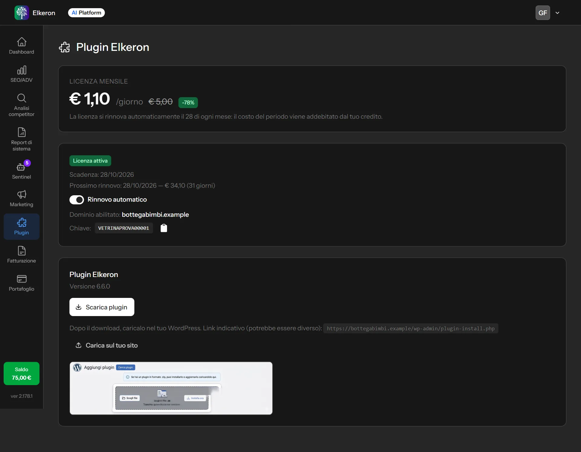 La pagina Plugin: stato della licenza e scaricamento del plugin